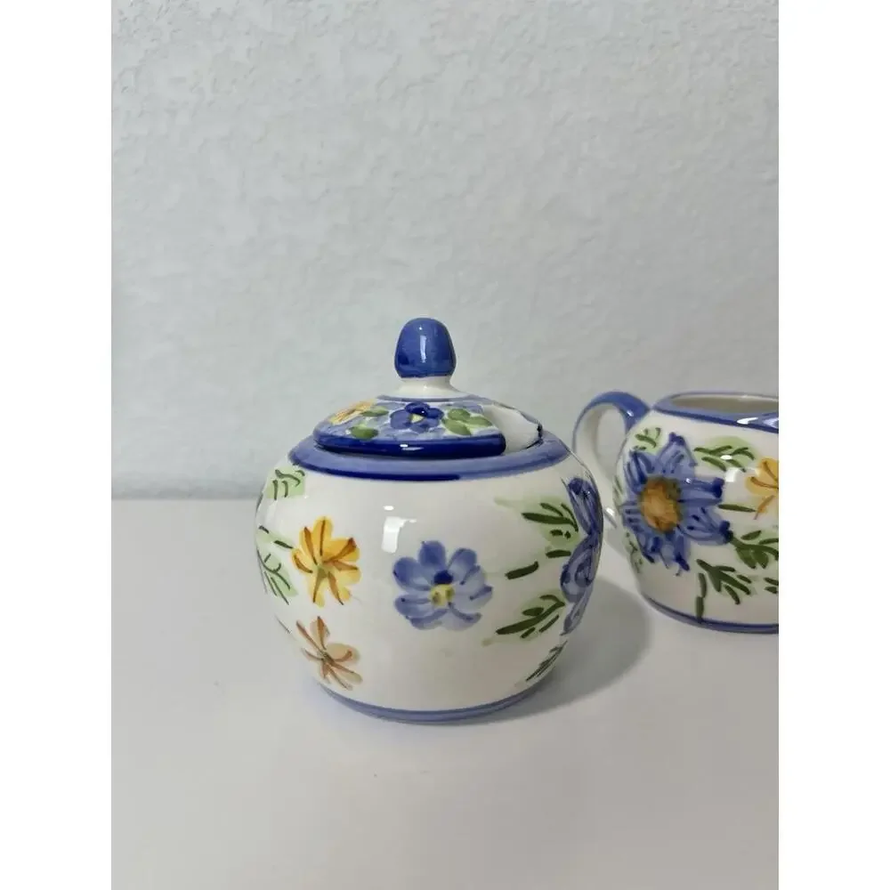 VTG Ceramic Sugar Bowl & Creamer Floral Pattern White Blue & Yellow Italy Made